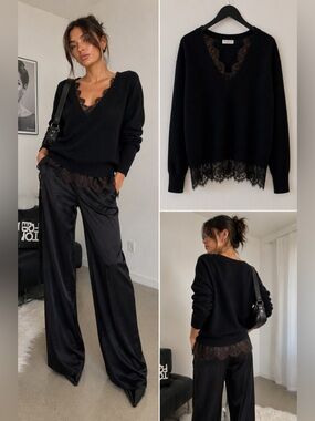 Brochu Walker The Lace Vee Looker Pullover Sweater Black Onyx Cashmere Sz S